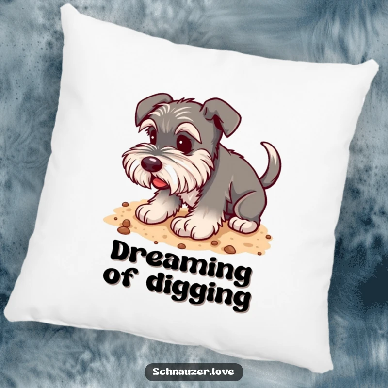 Funny Schnauzer Pillow: A happy schnauzer with a wagging tail digging joyfully into soft earth, a cozy accent.