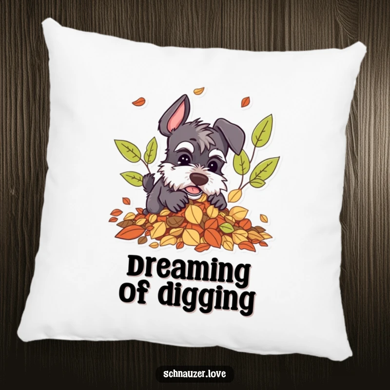 Funny Schnauzer Pillow: A pillow featuring a schnauzer character joyfully digging in a pile of autumn leaves, perfect for fall.