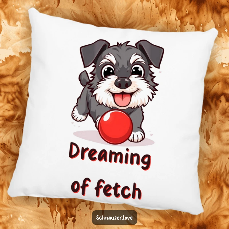 Funny Schnauzer Pillow: A happy schnauzer with wide eyes chasing a red ball. Soft, humorous, and perfect for dog enthusiasts.
