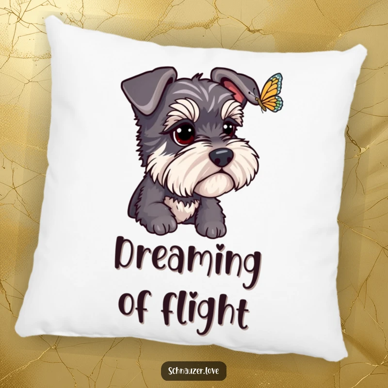 Funny Schnauzer Pillow: A schnauzer with bright eyes intently watches a butterfly, offering a humorous and tranquil accent for relaxation. Great funny gift.