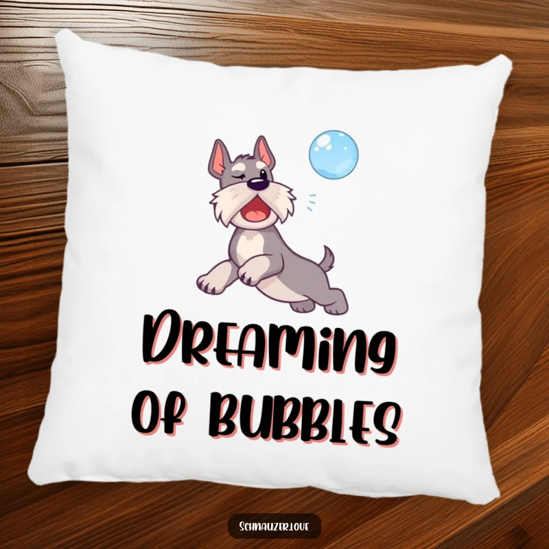 Funny pillow with a schnauzer dog leaping mid-air to catch a floating bubble.