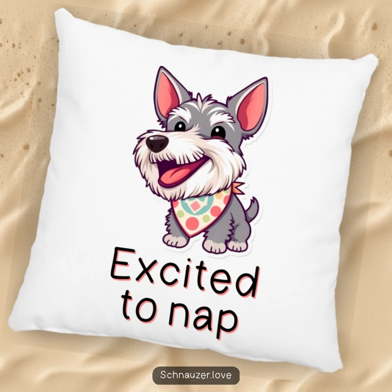 Funny Pillow: A schnauzer with a patterned bandana barks with excitement, offering a humorous and lively decorative accent.