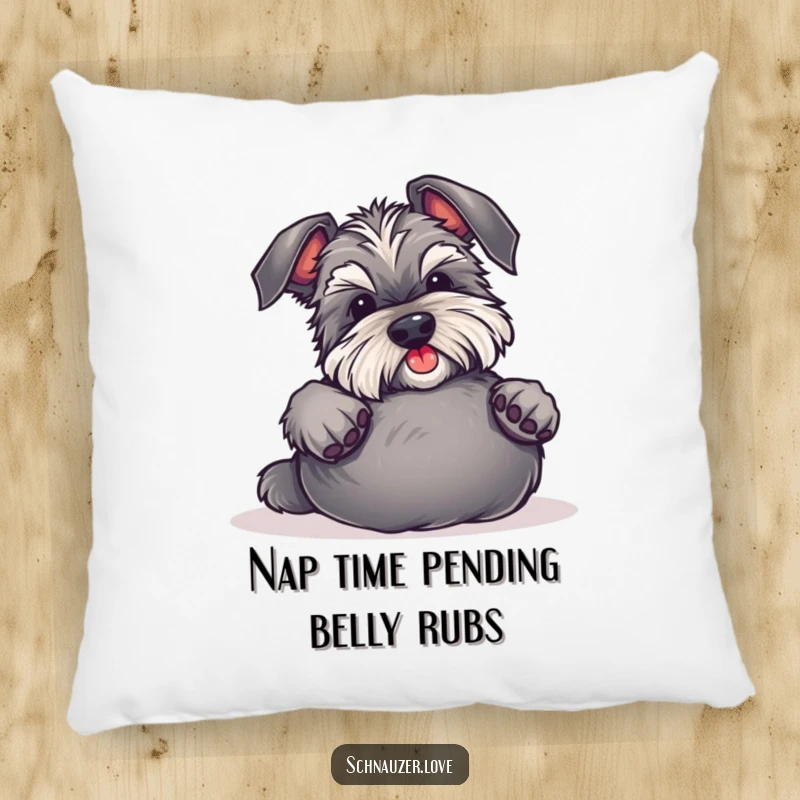 Funny Schnauzer Pillow features a cute dog on its back, inviting belly rubs, adding a humorous and cozy touch to home decor.