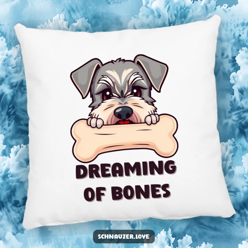 Funny Schnauzer pillow featuring a cute schnauzer peeking over a large bone, dreaming of tasty rewards.