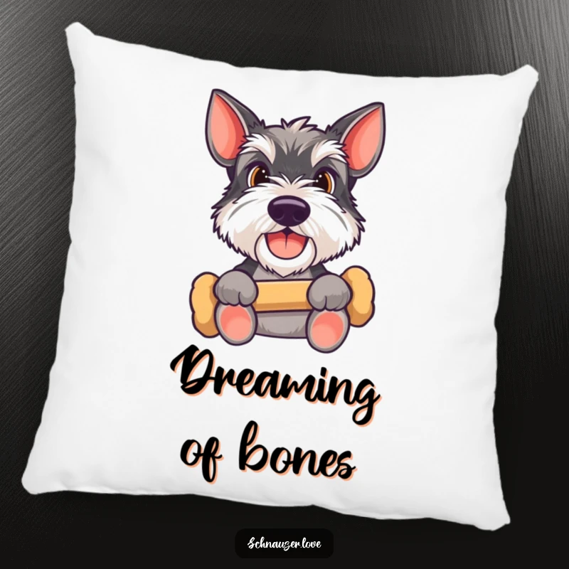 Funny Schnauzer pillow featuring a happy dog holding a bone, looking up expectantly, offering plush comfort and a dose of pet-loving humor.
