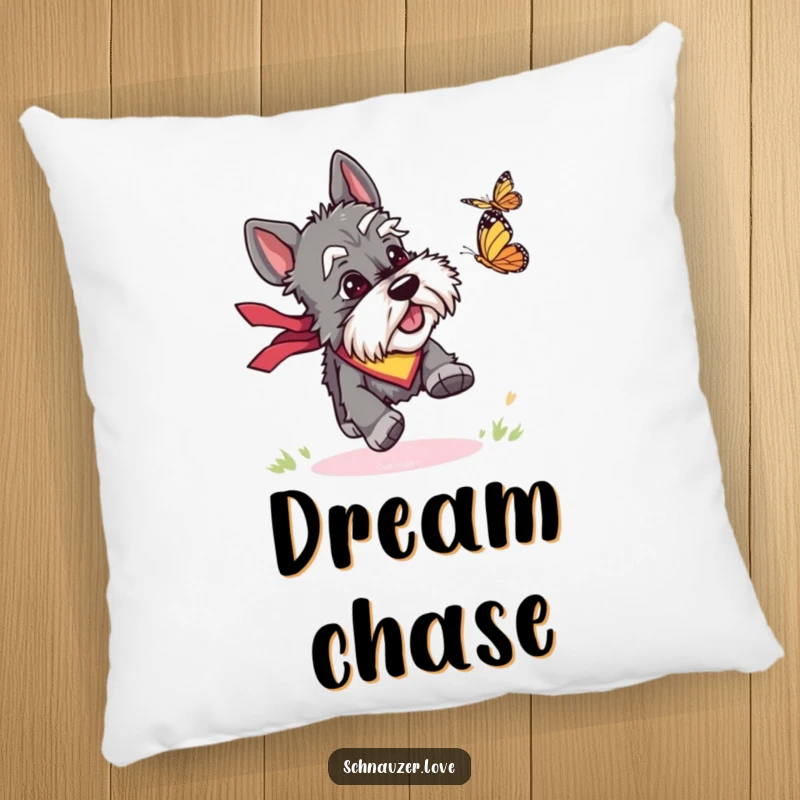 Funny pillow featuring a schnauzer in a bandana energetically chasing a butterfly, offering comfort and a touch of canine humor.