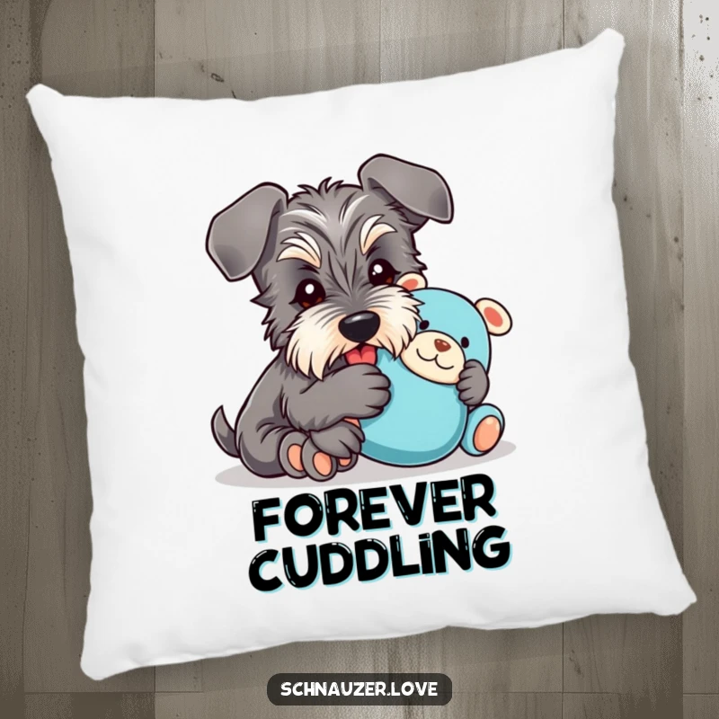 Funny Pillow: A schnauzer with floppy ears happily cuddles a plush toy, offering a humorous and cozy decorative accent.