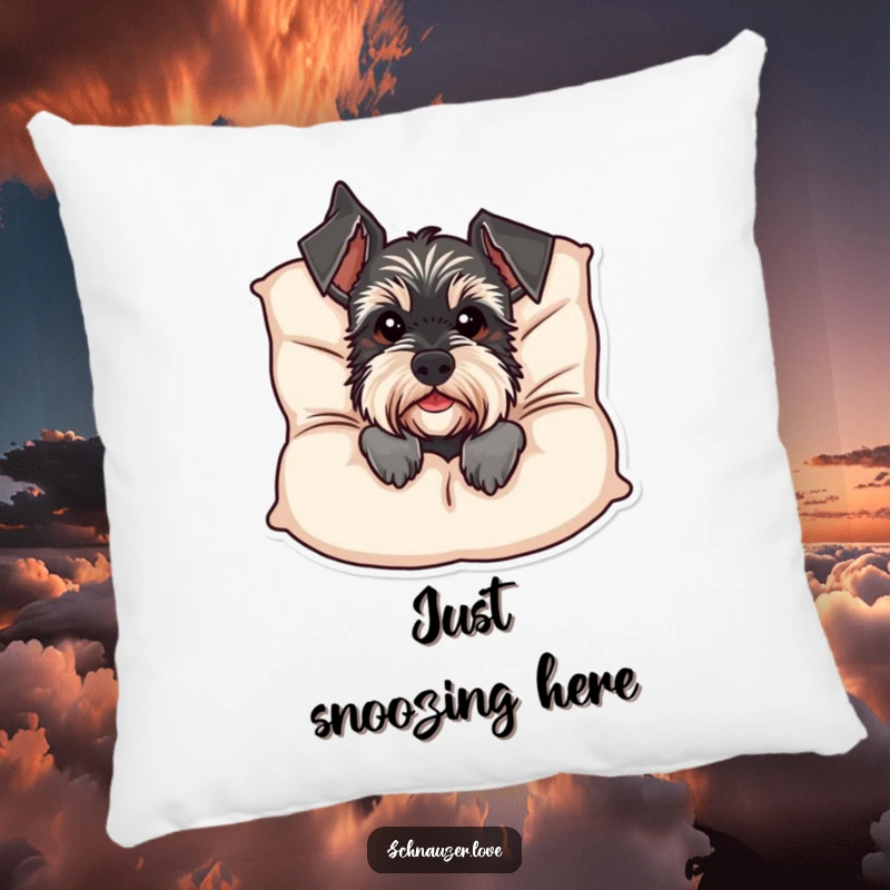 Funny Schnauzer Pillow: A playful schnauzer peeks from behind a plush cushion, offering a humorous and comforting touch to any room. Excellent funny gift.