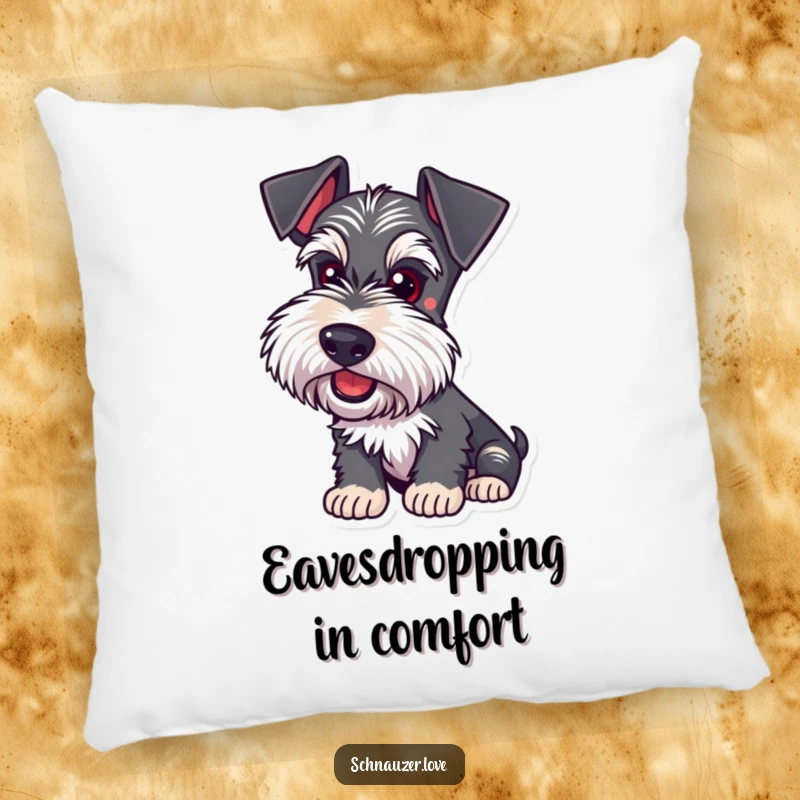 Funny Schnauzer Pillow: A dog with ears perked listens intently, offering comfort and a touch of playful focus.