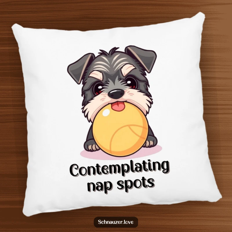 Funny Schnauzer pillow showing a curious dog peeking over a ball with tongue out, perfect for adding playful decor.