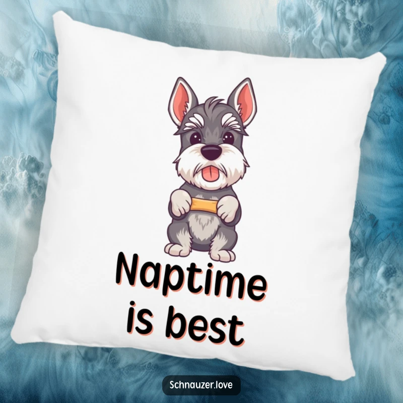 Funny Schnauzer pillow featuring a proud schnauzer with a bone, a soft and humorous decorative item.