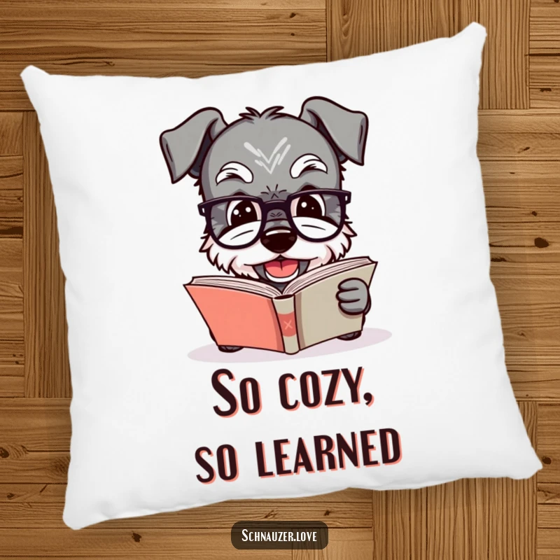 Funny Schnauzer pillow featuring a dog in glasses reading a book, offering plush comfort and a touch of intellectual humor for reading nooks.