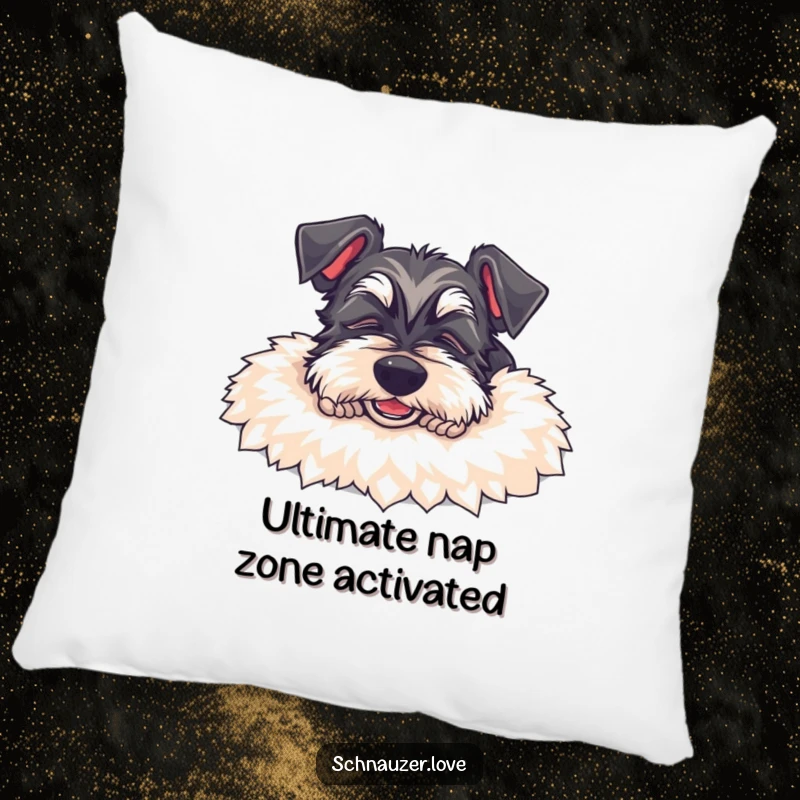 Funny Schnauzer Pillow: A joyful schnauzer dog is depicted napping peacefully on a soft rug, adding humor and comfort.