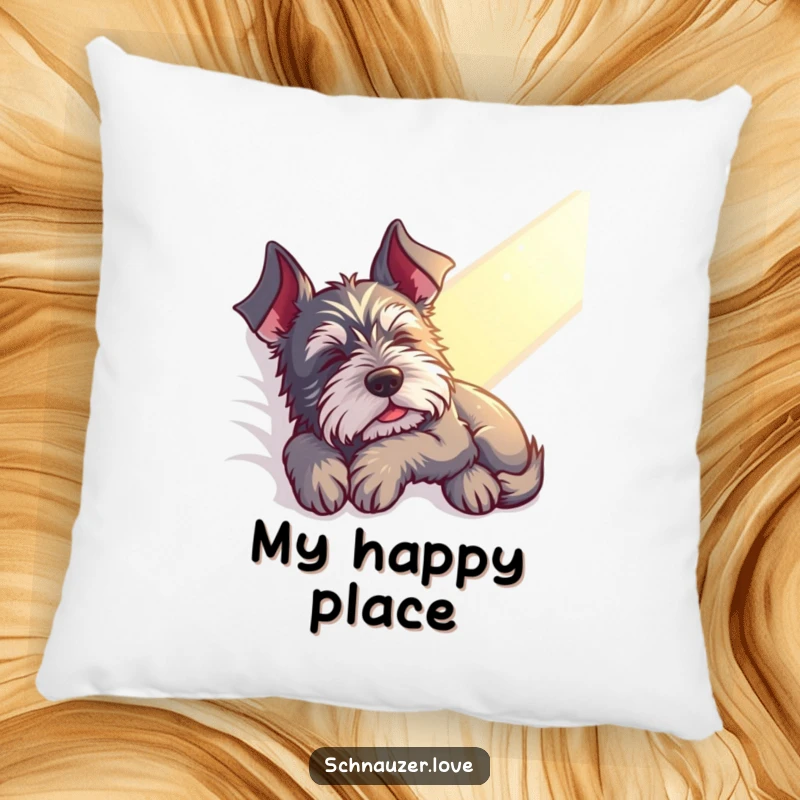 Funny Schnauzer Pillow: A contented schnauzer naps peacefully in a sunbeam, bringing hilarious calm and cozy comfort to any space.