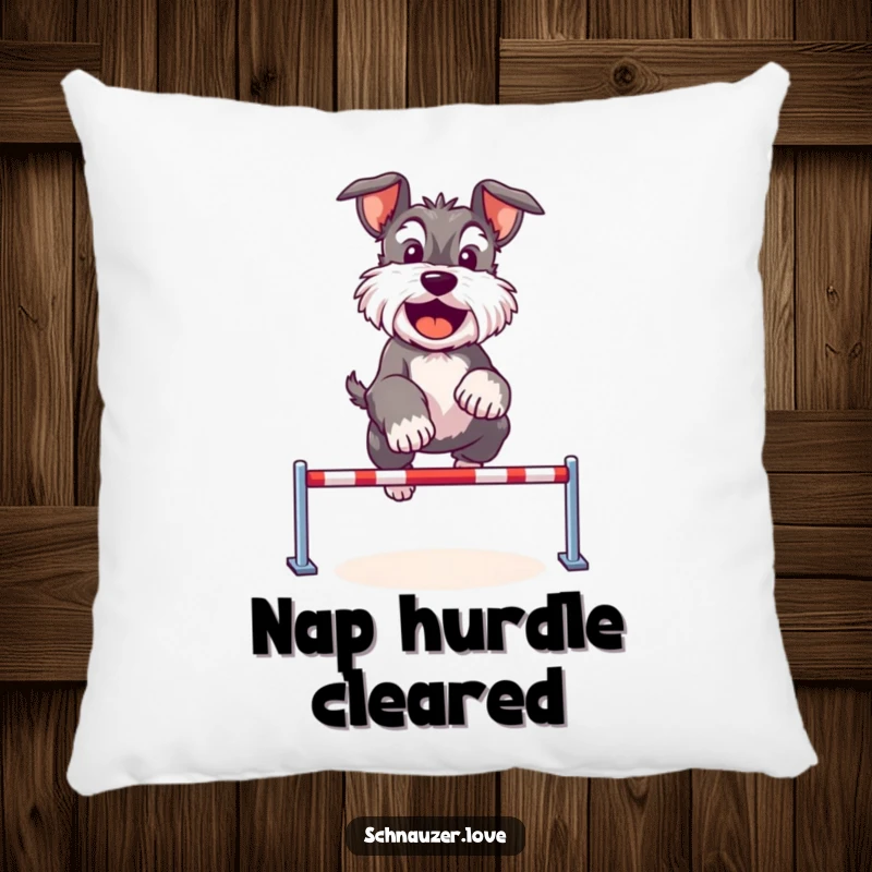 Funny Schnauzer pillow featuring a cute dog happily jumping over a tiny hurdle, offering soft comfort and athletic charm.