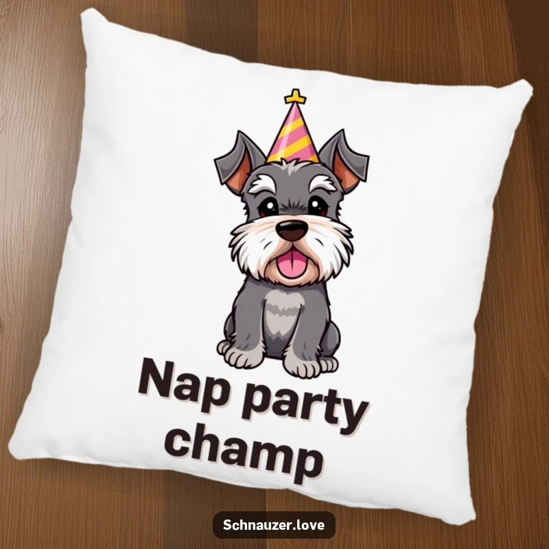 Funny pillow design of a schnauzer character wearing a party hat, tilting its head adorably, ready for festive fun.