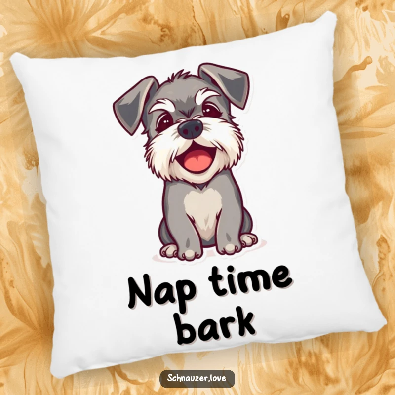 Funny pillow featuring a schnauzer with floppy ears barking happily, offering comfort and a touch of canine cheer.