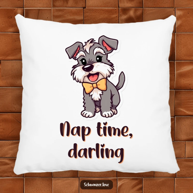 Funny Schnauzer Pillow: A plush pillow featuring a schnauzer in a bow, wagging its tail with joy, ideal for cozy spaces.