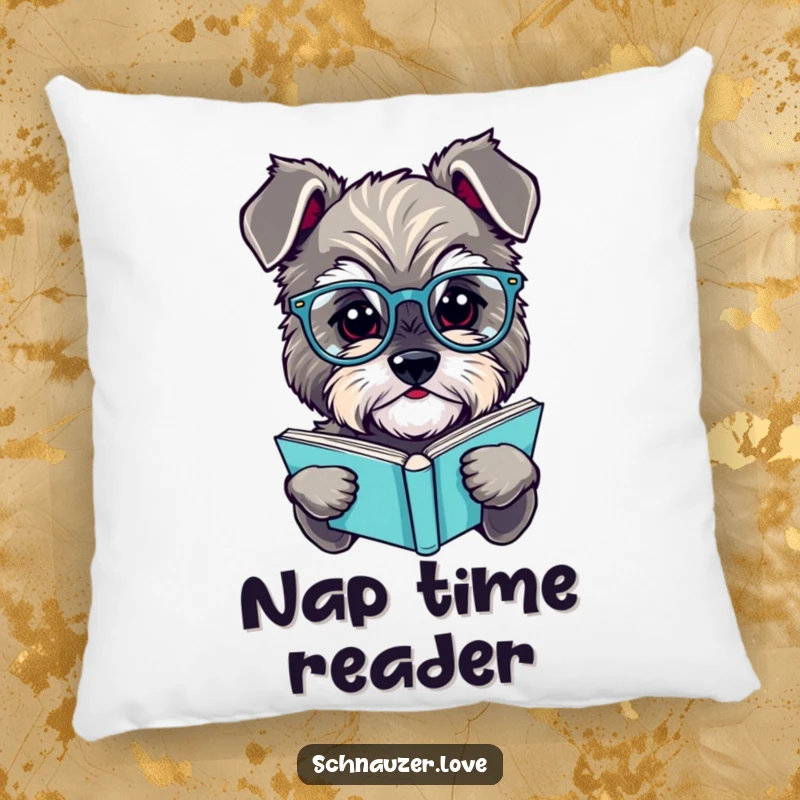 Funny schnauzer pillow, a plush cushion showcasing a fluffy dog wearing small reading glasses, holding a book, perfect for cozy nights.