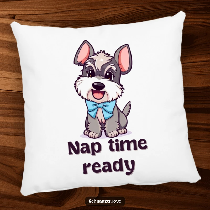 Funny Schnauzer Pillow: A soft pillow showcasing a schnauzer character happily wearing a bow and wagging its tail with joy.