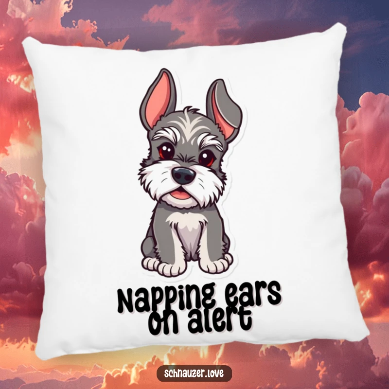 Funny Schnauzer pillow featuring a cute schnauzer with ears perked, listening intently to secrets and gossip.