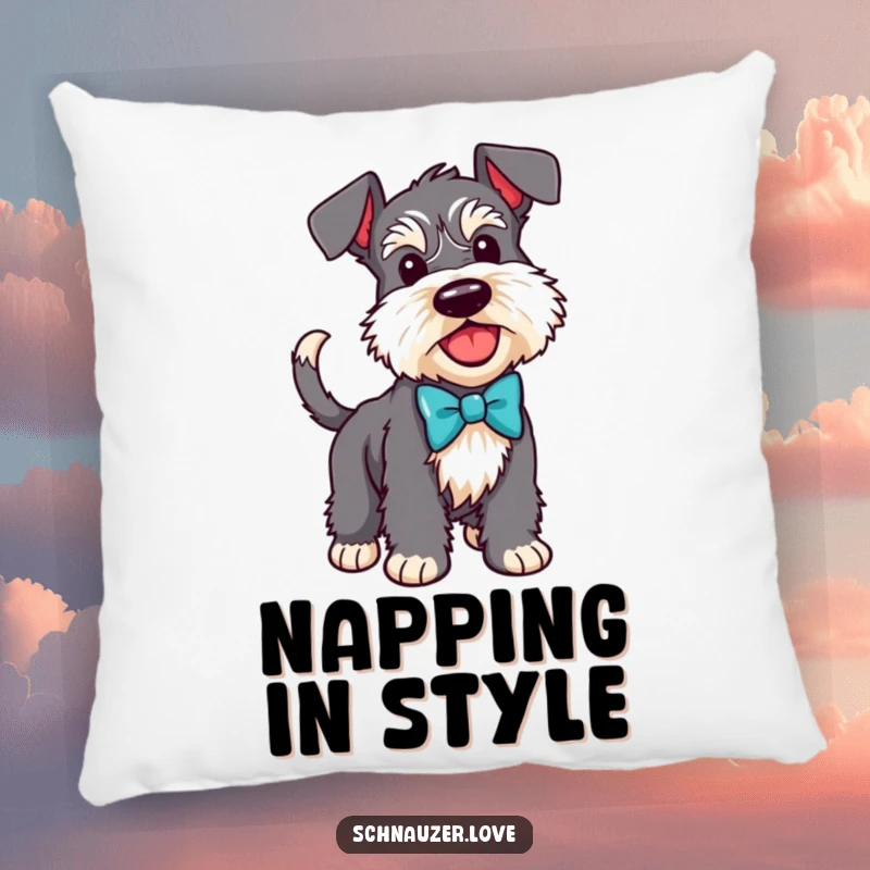 Funny Schnauzer pillow showing a dog in a bow tie with a wagging tail, perfect for adding a touch of class.