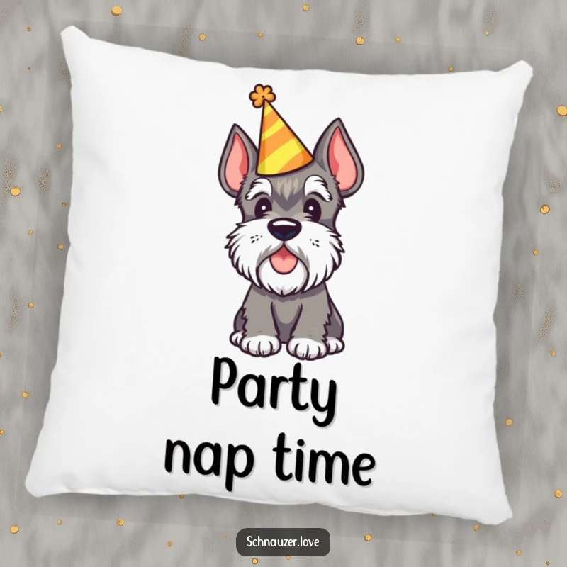 Funny Schnauzer Pillow designed with a schnauzer wearing a party hat and tilting its head, offering festive comfort.