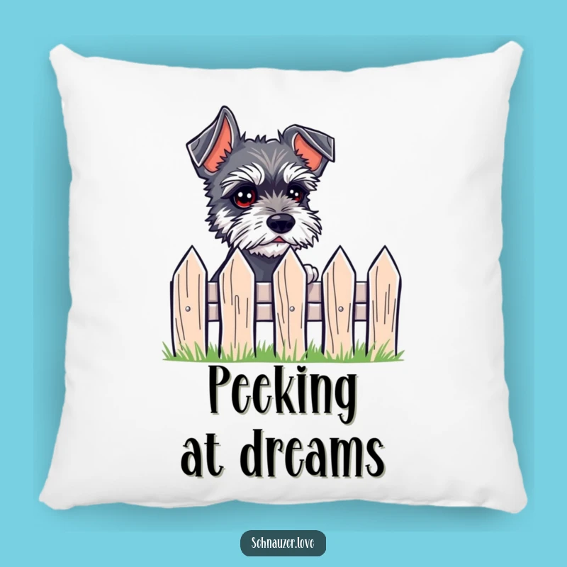 Add a touch of schnauzer charm to your decor with this funny pillow! The expressive eyes peeking over the fence are incredibly sweet.