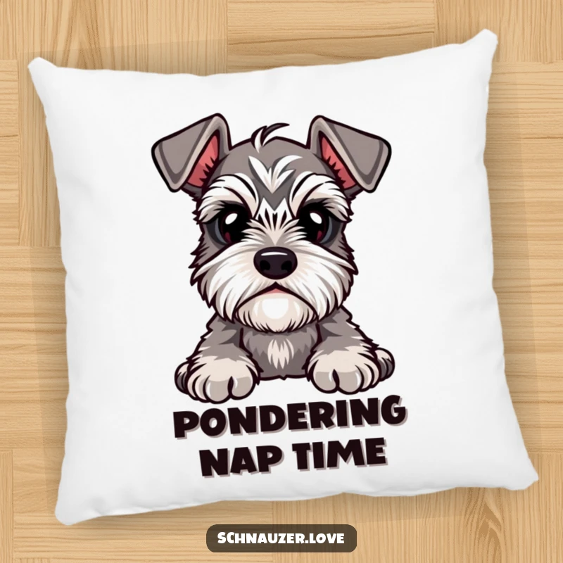 Funny Pillow featuring a cute schnauzer with prominent eyebrows, head tilted in a posture of endearing, gentle curiosity.
