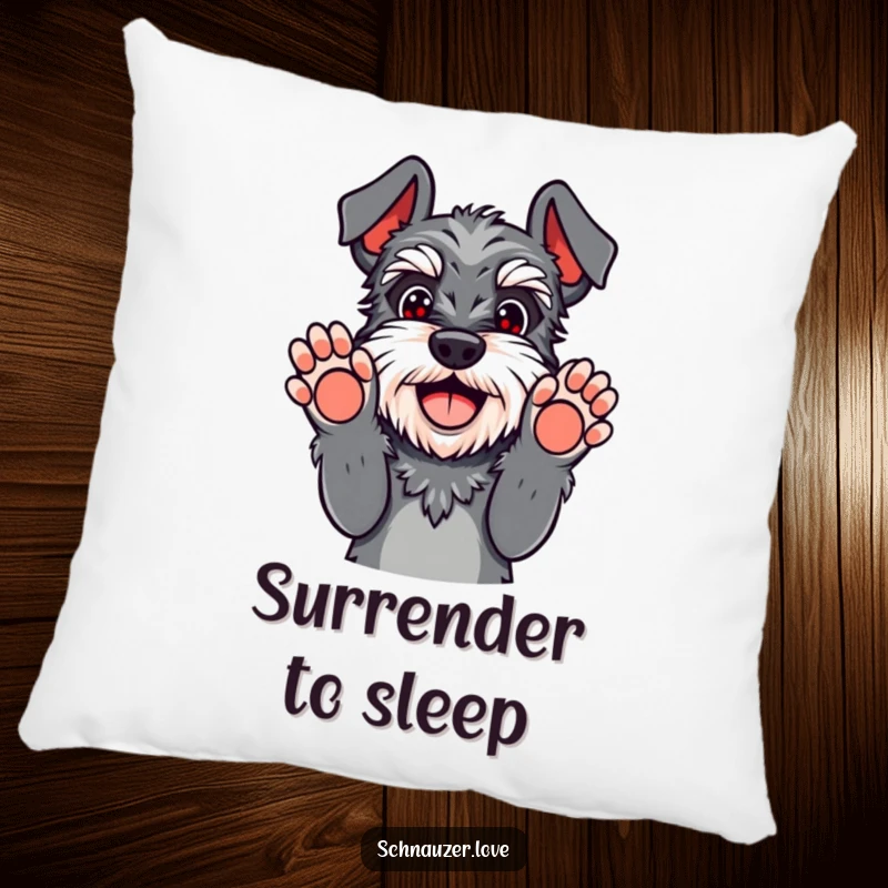 Funny schnauzer pillow with paws up in playful surrender, a happy dog giving up hilariously, soft and cuddly.