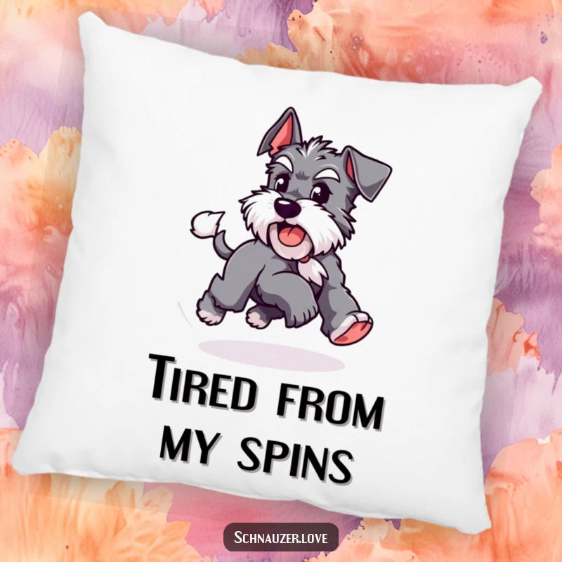 Funny Schnauzer pillow featuring a playful dog chasing its tail, offering plush comfort and a dose of lighthearted pet-loving humor.