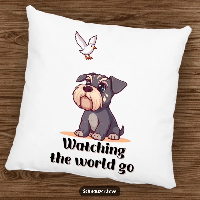 Funny Schnauzer Pillow: An alert schnauzer with big eyes stares intently at a bird overhead, a humorous and comfy accent.