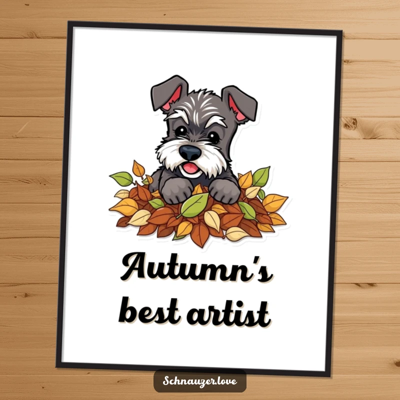 Funny Schnauzer Digital Art: A schnauzer character enthusiastically digging in a pile of colorful leaves, printable autumn decor.