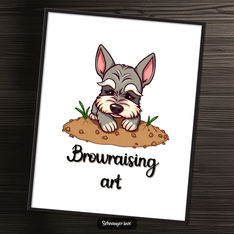 Funny Schnauzer Digital Art Print: Schnauzer with exaggerated eyebrows, comically digging in dirt, perfect for humorous wall decor.