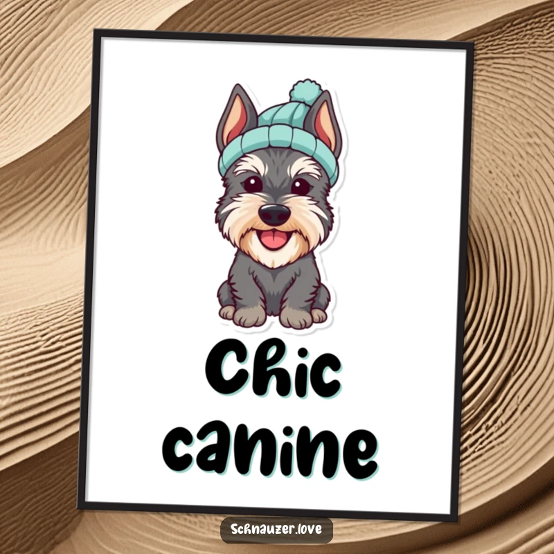 Funny Schnauzer Digital Art Print of a cheerful dog wearing a small knitted hat, radiating pure adorableness.
