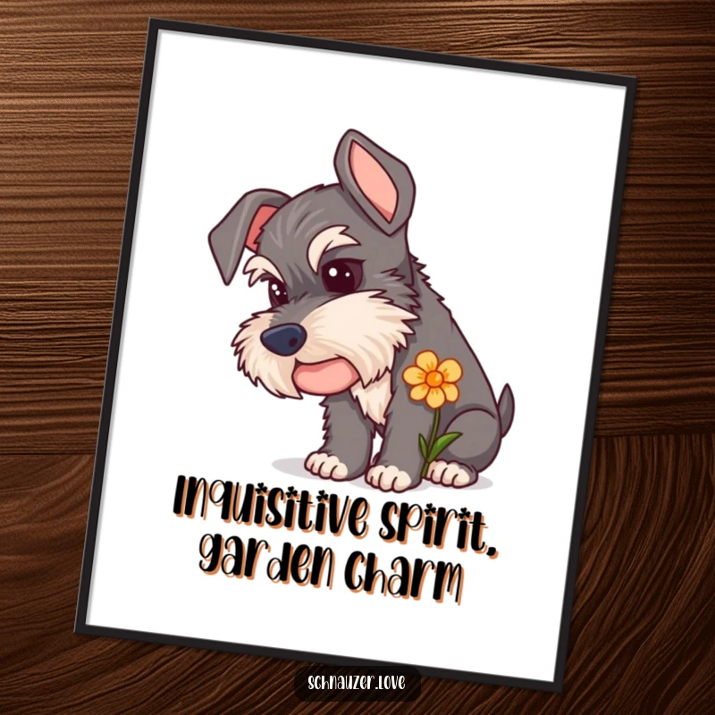 Funny Schnauzer Digital Art Print showing a curious dog sniffing a flower, capturing a moment of gentle exploration and natural beauty.