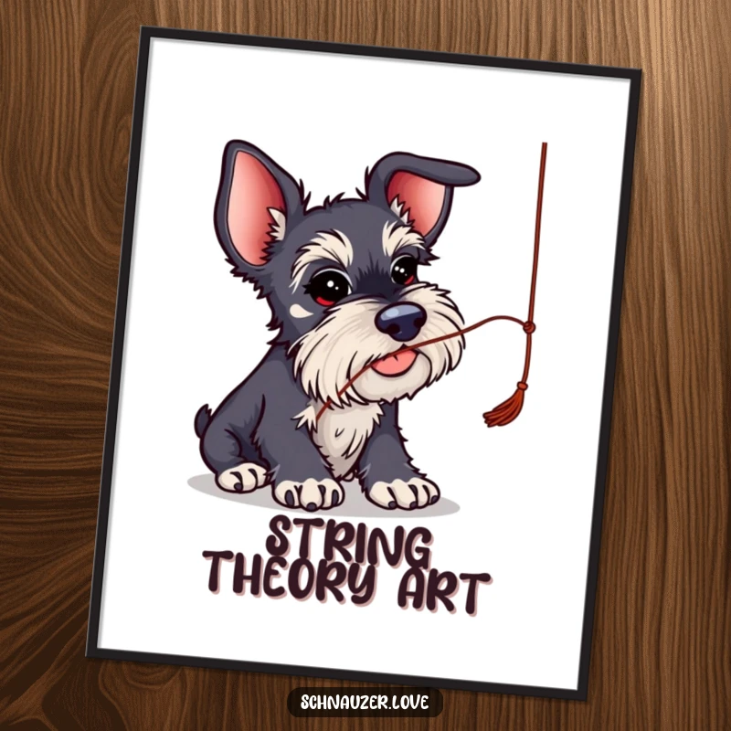Funny Schnauzer Digital Art Print: Schnauzer with oversized ears batting at a string, a humorous and playful artwork.