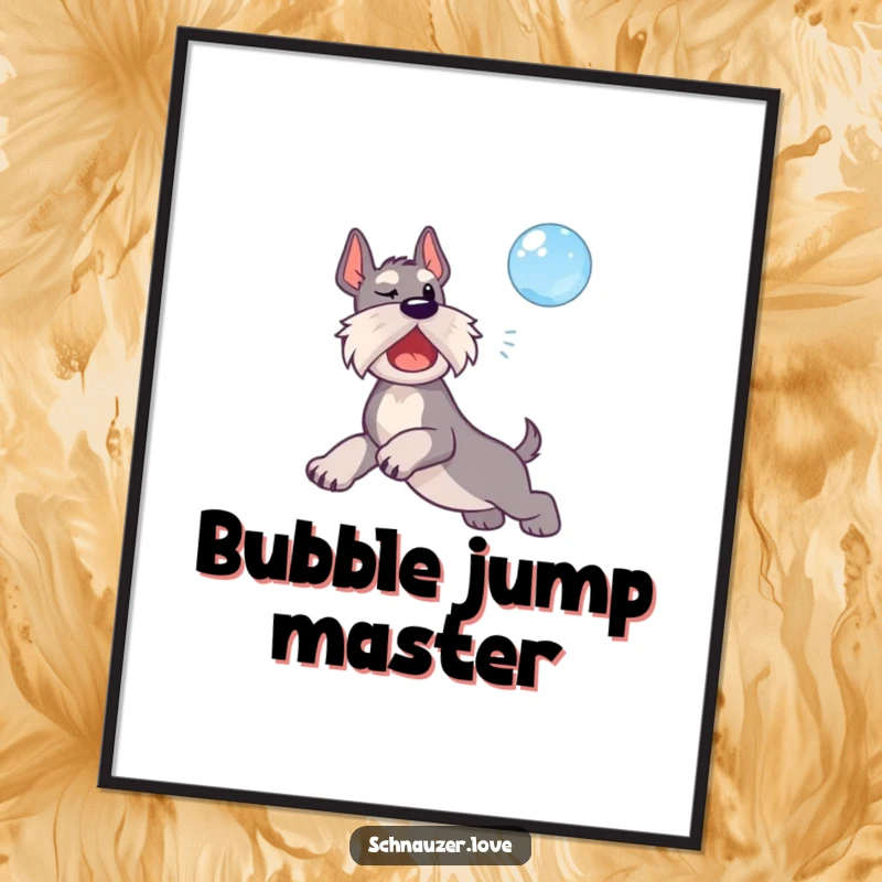 Funny digital art print of a schnauzer dog leaping mid-air with excitement to catch a floating bubble.