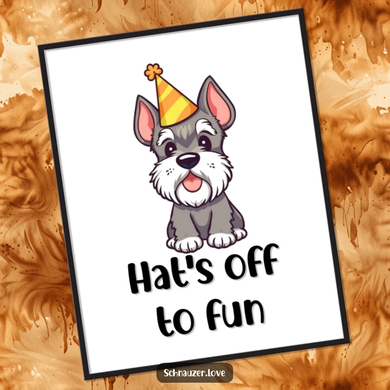 Funny Schnauzer Digital Art Print of a schnauzer wearing a party hat and tilting its head, perfect for festive decor.