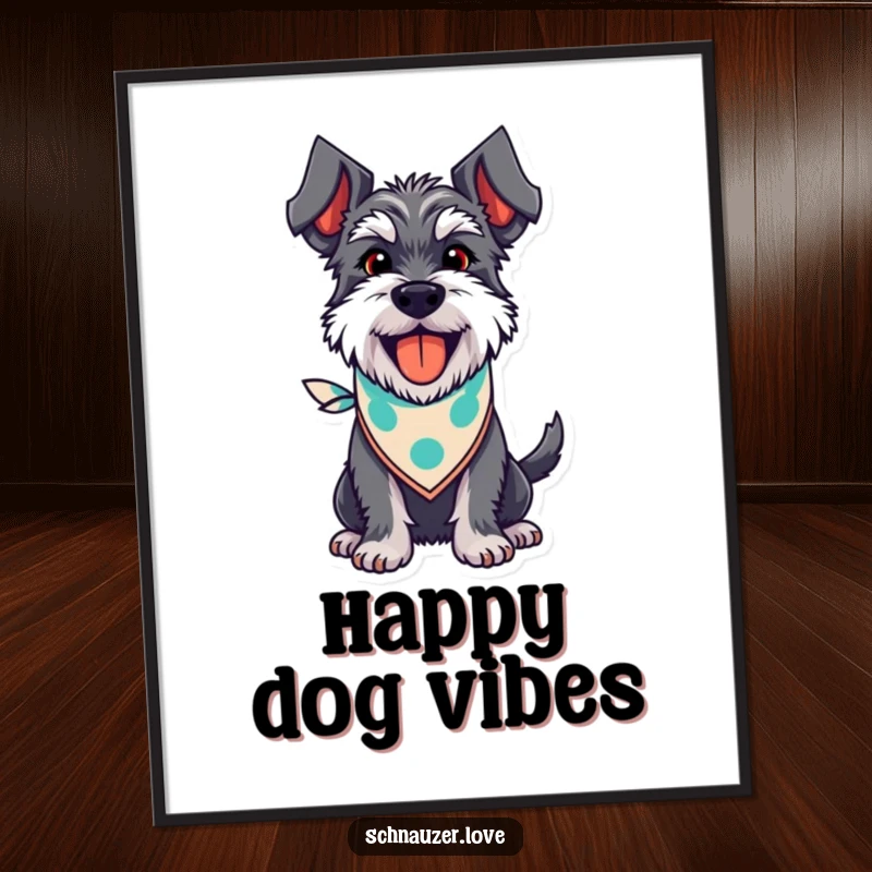 Funny Schnauzer Digital Art: A happy schnauzer wearing a bandana, panting with a wagging tail, capturing infectious doggy delight on your walls.