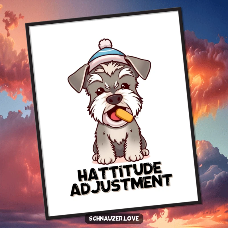Funny Schnauzer digital art, a cute dog in a tiny hat begging for a treat, instant download with adorable humor.