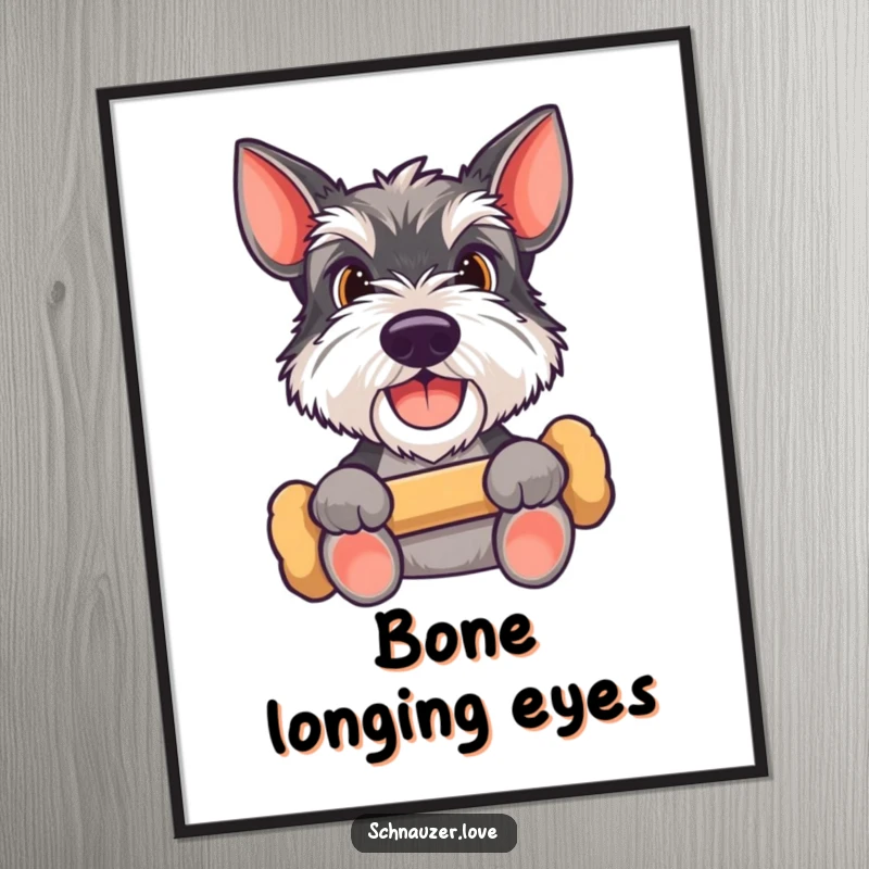 Funny Schnauzer digital art print of a happy dog holding a bone, looking up expectantly, offering instant pet-themed humor and canine anticipation.