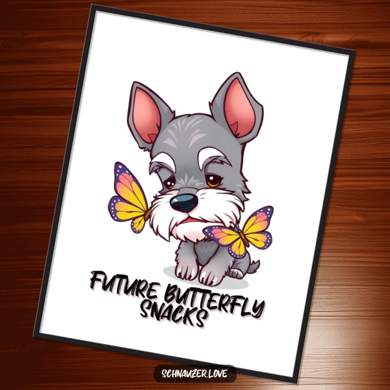 Funny Schnauzer Digital Art: A curious schnauzer with perked ears sniffing a colorful butterfly, vibrant and whimsical.
