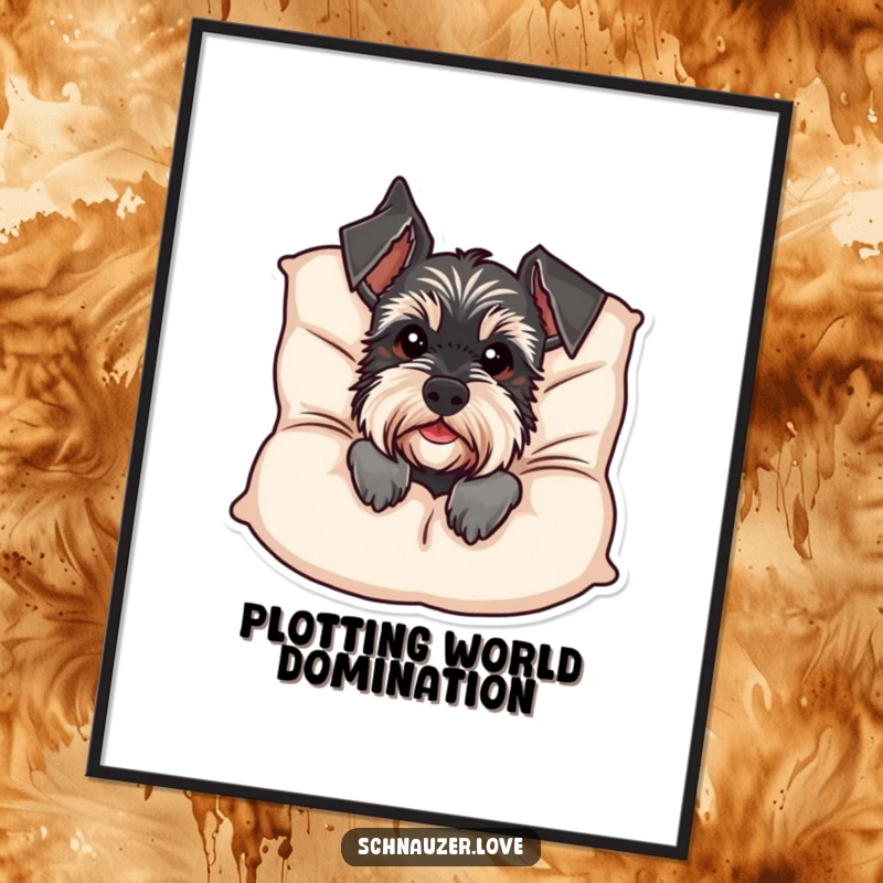Funny Schnauzer Digital Art Print: A curious schnauzer peeks from behind a cushion, offering a humorous and charming artwork for instant wall decor. Funny gift.