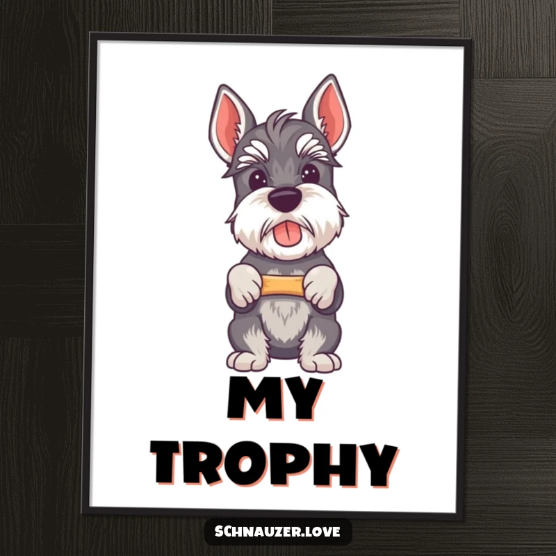 Funny Schnauzer digital art print of a proud schnauzer holding a bone, a humorous decoration.