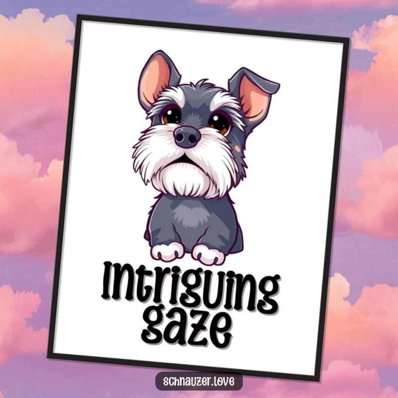 Funny schnauzer digital art print, a high-resolution image of a fluffy dog with enormous, wide eyes looking upwards in pure wonder.