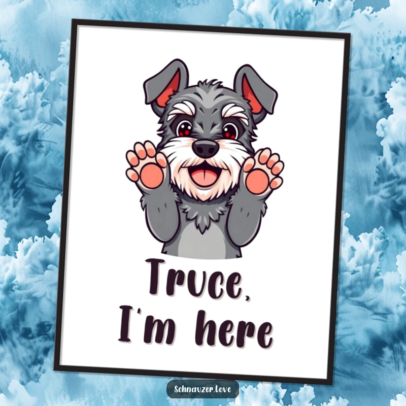 Funny schnauzer digital art print with paws up in playful surrender, a happy dog hilariously giving up, instant download.