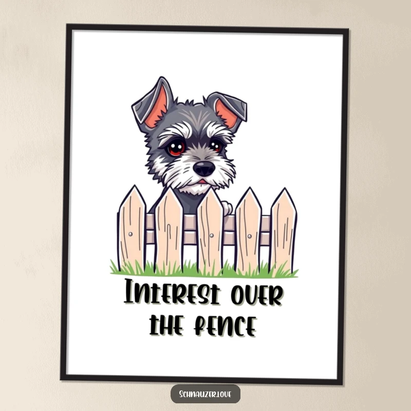 Funny Digital Art Print of a small schnauzer with expressive eyes peeking over a tiny fence with great interest and charm.