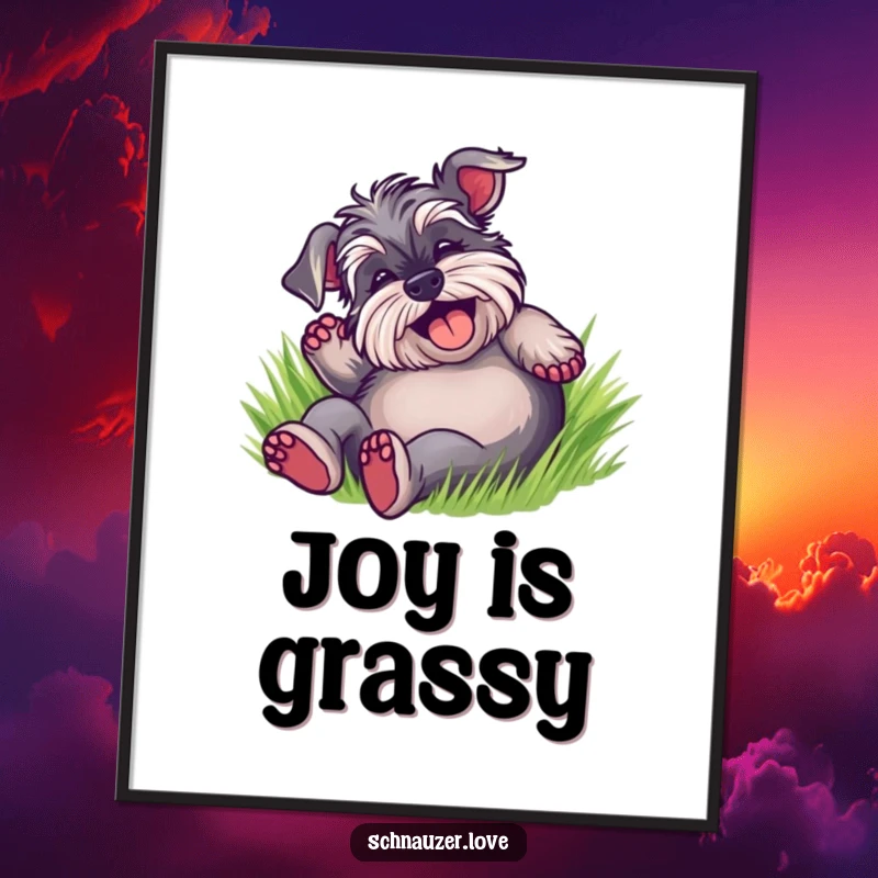 Funny Schnauzer Digital Art Print of a delighted dog rolling on its back in lush green grass, conveying ultimate canine bliss.