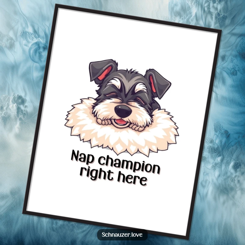 Funny Schnauzer Digital Art Print: A content schnauzer dog sleeps on a soft rug, radiating peacefulness and humor.